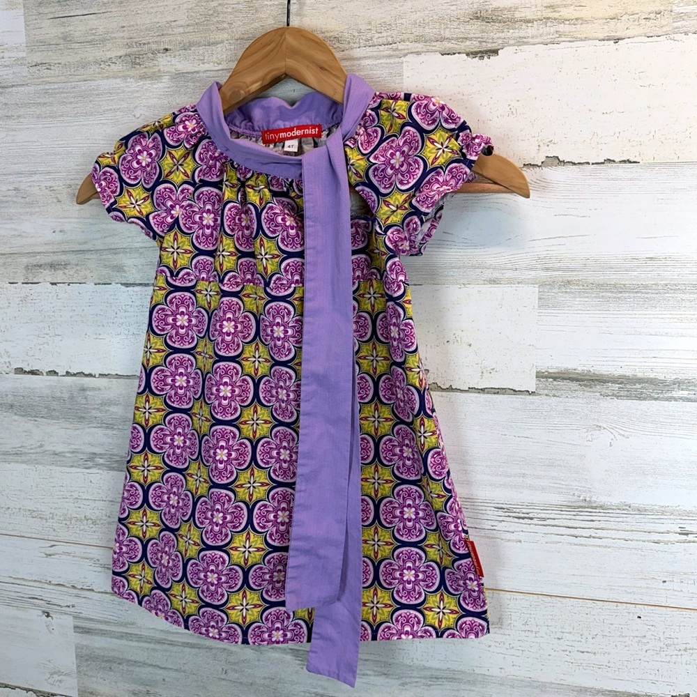 Tiny Modernist Purple Floral Bow Dress 4T Cottagecore Whimsical Boho Boutique - Picture 3 of 12